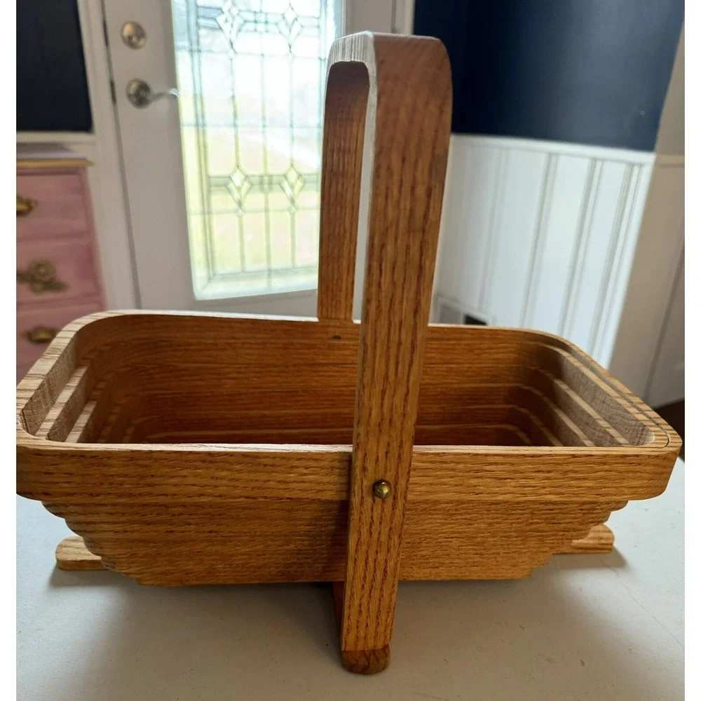 MCM Folding Collapsible Rectangle Wooden Fruit Basket With Handle Walter B Holts